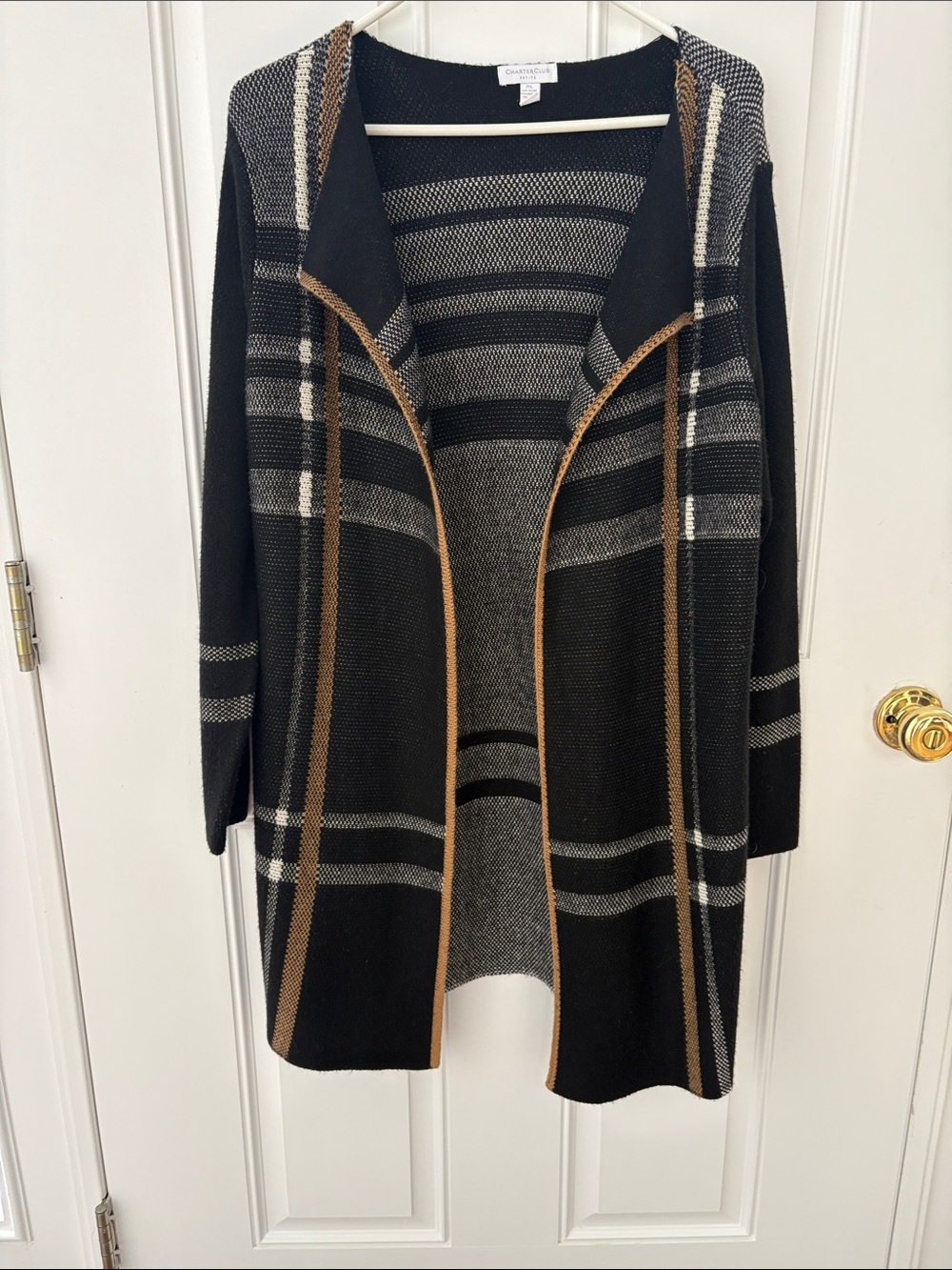 Charter Club Black Plaid Open Hooded Cardigan with Camel Trim